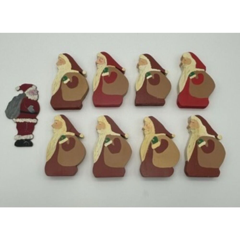 HANDMADE Santa Clause Set of 9‎ Christmas Decor Painted Carved Vintage Folk Art